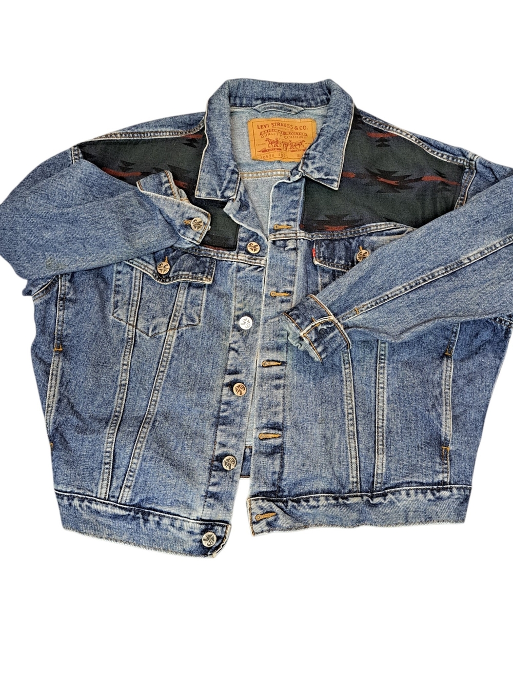 Levi’s Vintage XL Denim Trucker Jacket Southwestern Aztec Fabric Panels 70598 - Picture 14 of 14